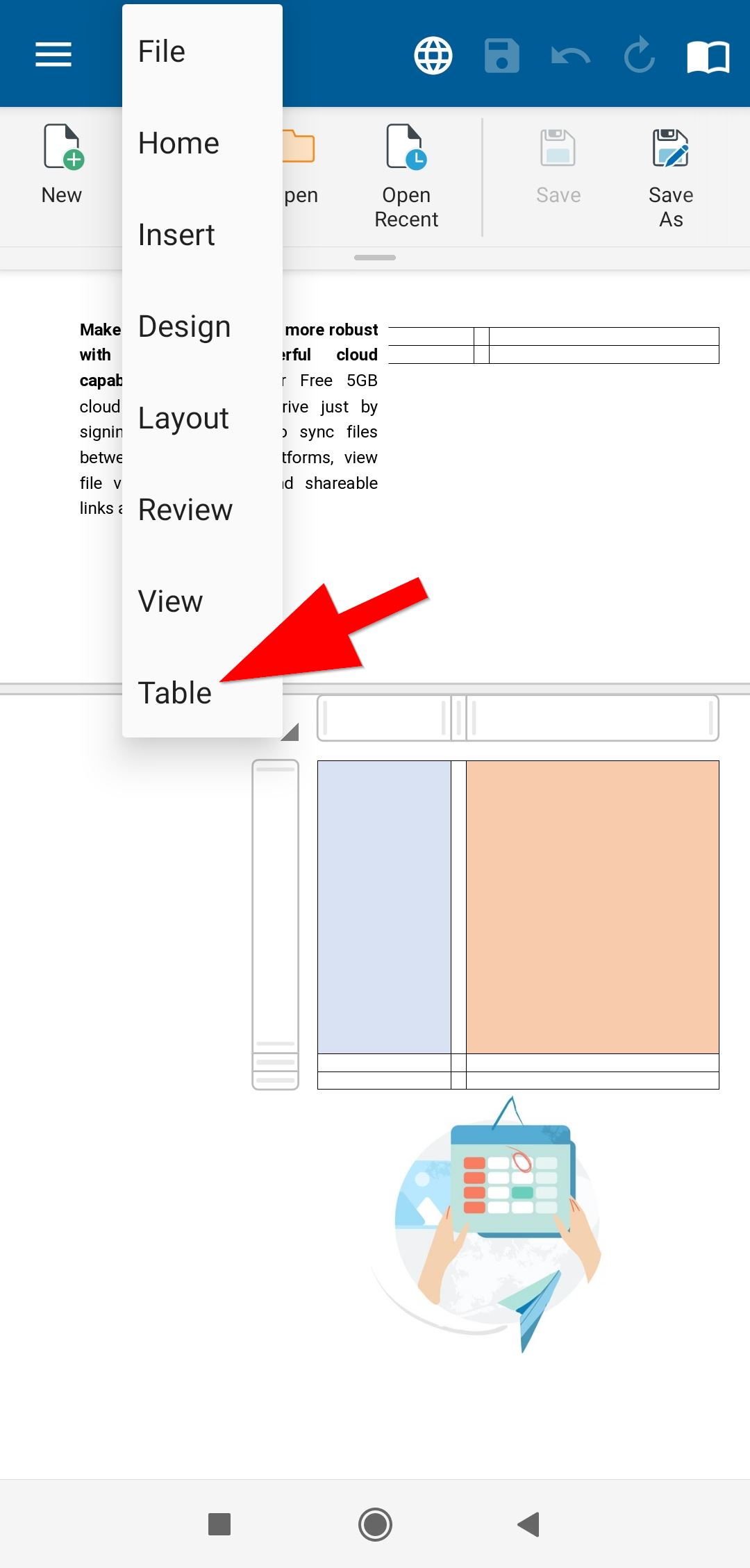 Delete a table row column or a table in Documents OfficeSuite